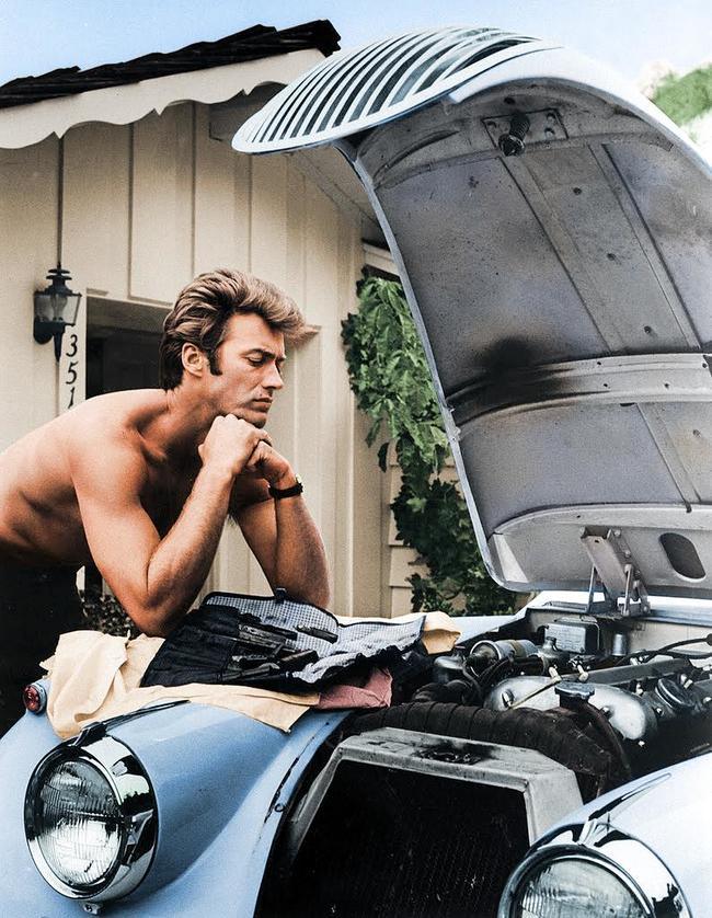 Clint Eastwood working on his 1958 Jag XK 120 in 1960